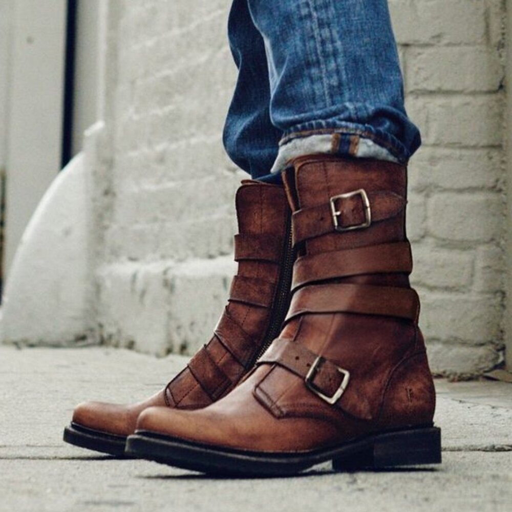 $389 Veronica Tanker Cognac Brown Real Leather Strappy Belted Moto Combat Boots
